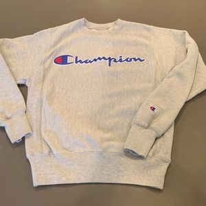 Champion sweatshirt, grey with blue embroidered logo across the chest.